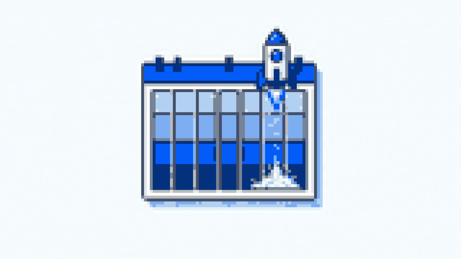 Calendar page with thirty squares shaded by week and a small rocket lifting off from the last day